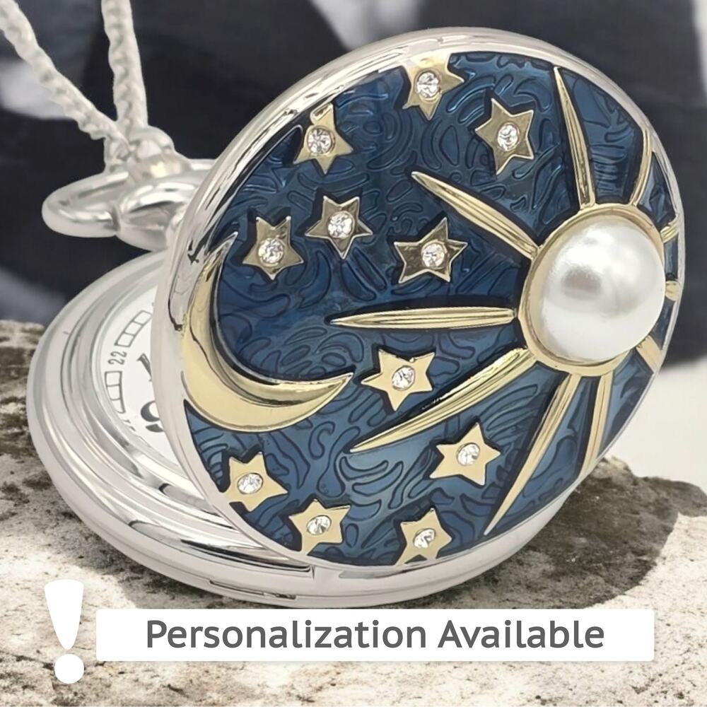Celestial Pocket Watch – Sun, Moon & Stars, Pearl and Crystals Space Astronomy